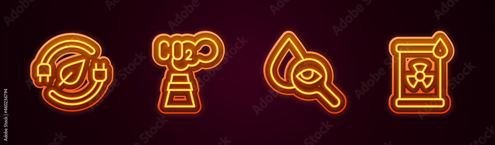 Set line Electric saving plug in leaf, CO2 emissions cloud, Drop and magnifying glass and Radioactive waste barrel. Glowing neon icon. Vector