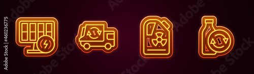 Set line Solar energy panel, Garbage truck, Radioactive waste in barrel and Recycling plastic bottle. Glowing neon icon. Vector