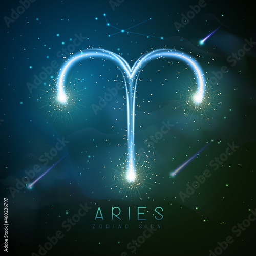 Modern magic witchcraft card with astrology glittering golden Aries zodiac sign on outer space background