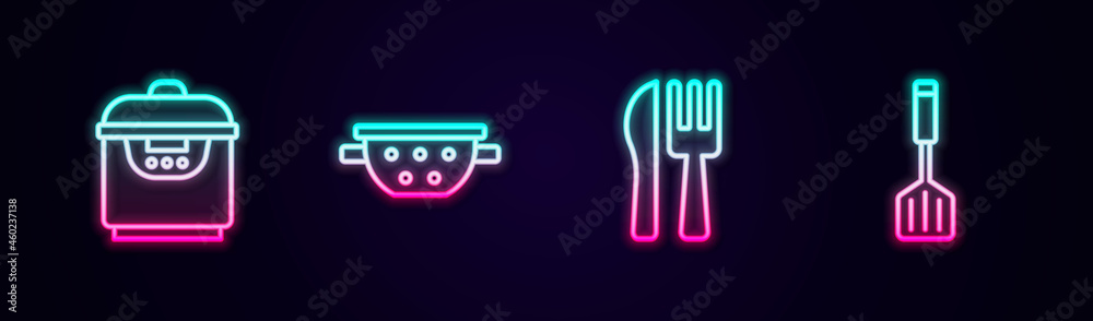 Set line Slow cooker, Kitchen colander, Crossed knife fork and Spatula. Glowing neon icon. Vector Set line Slow cooker, Kitchen colander, Crossed knife fork and Spatula. Glowing neon icon. Vector