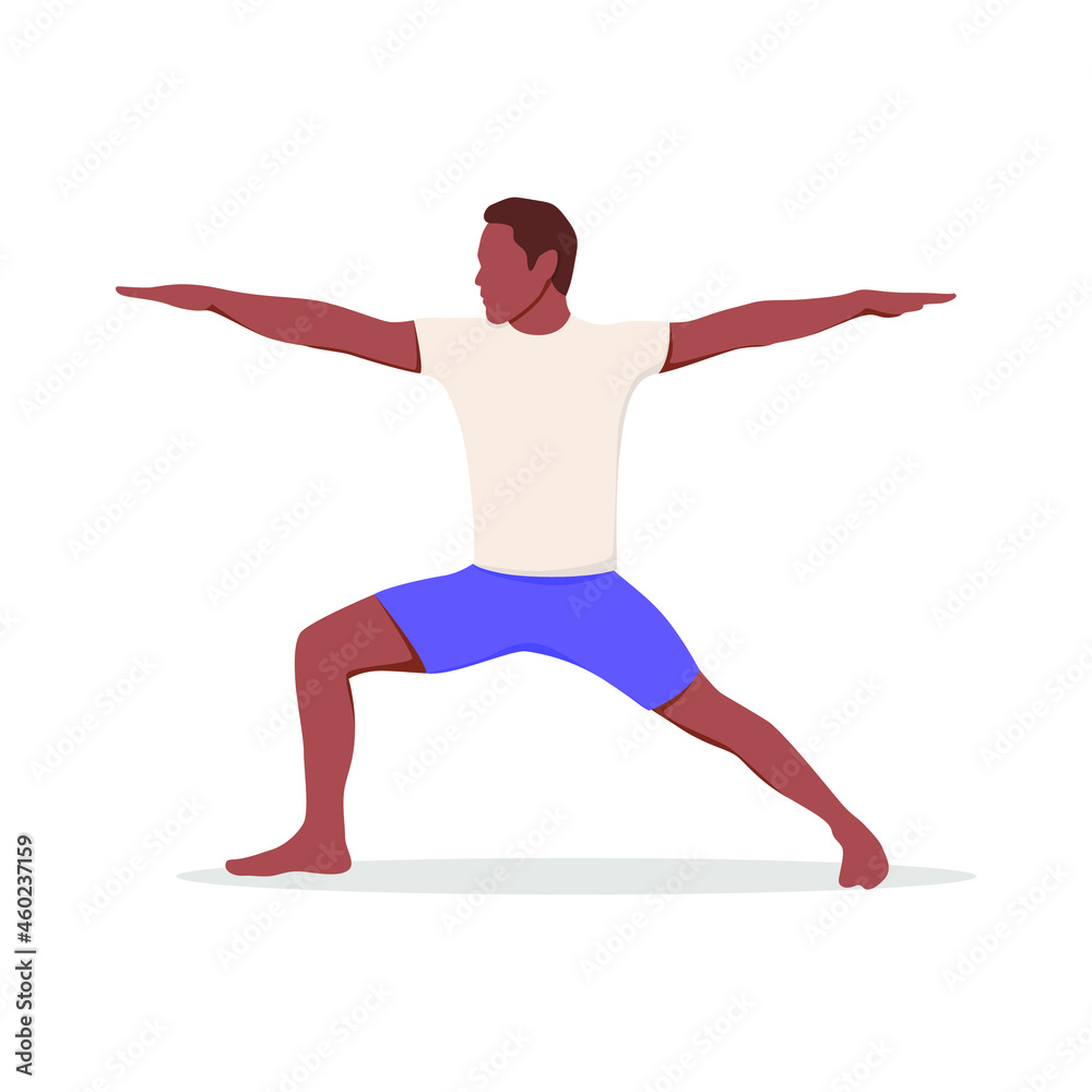 Afro-American man practicing yoga, warrior pose, isolated on white background. Vector illustration Afro-American man practicing yoga, warrior pose, isolated on white background. Vector illustration