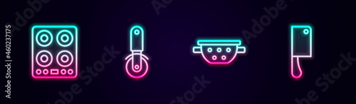Set line Gas stove, Pizza knife, Kitchen colander and Meat chopper. Glowing neon icon. Vector