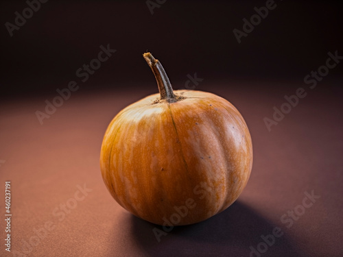 Pumpkin close-up on a black background in isolation. Soft mystical lighting with highlights, flare, flicker in the frame. Autumn theme. The holiday of Halloween.