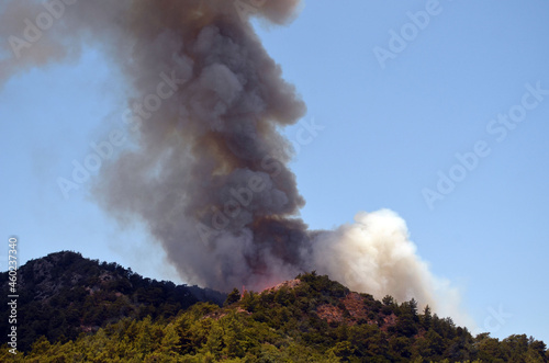 Wildfire in the forest near a resort town.Mugla Region,Turkey.