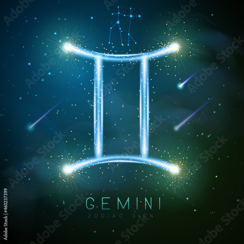 Modern magic witchcraft card with astrology glittering golden Gemini zodiac sign on outer space background