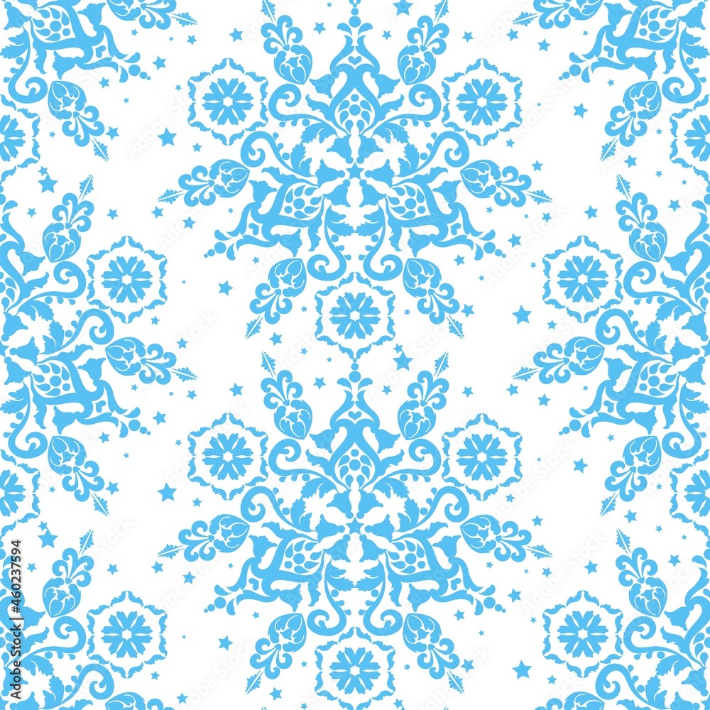 Blue ornament on white background seamless vector template. Blue and white color. For fabric, wallpaper, venetian pattern,textile, packaging. Blue ornament on white background seamless vector template. Blue and white color. For fabric, wallpaper, venetian pattern,textile, packaging.