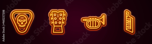 Set line Guitar pick, neck, Trumpet and Keytar. Glowing neon icon. Vector
