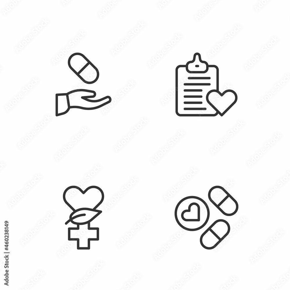 Set line Medicine pill or tablet, Ethnoscience, Medical prescription and Patient record icon. Vector