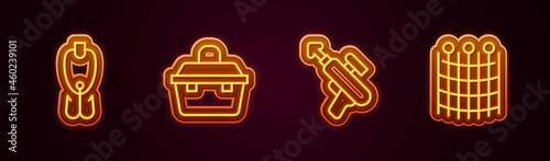 Set line Fishing lure, Case or box for fishing equipment, harpoon and net pattern. Glowing neon icon. Vector