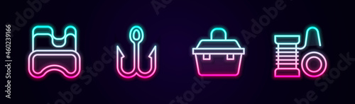 Set line Diving mask, Fishing hook, Case or box for fishing equipment and Spinning reel. Glowing neon icon. Vector
