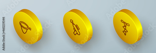 Set Isometric line Fishing net, harpoon and Hand ice drill icon. Vector