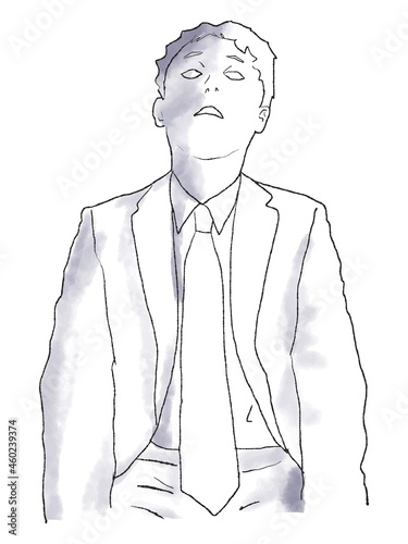 放心状態で真っ白になったビジネスマンの手描きイラスト　男性　水彩　燃え尽き症候群　スーツ　疲弊　絶望