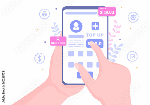 Top Up Add Your Money Balance Vector Illustration on Mobile Phone Device For Financial Application, E-Wallet or Digital Currency Concept