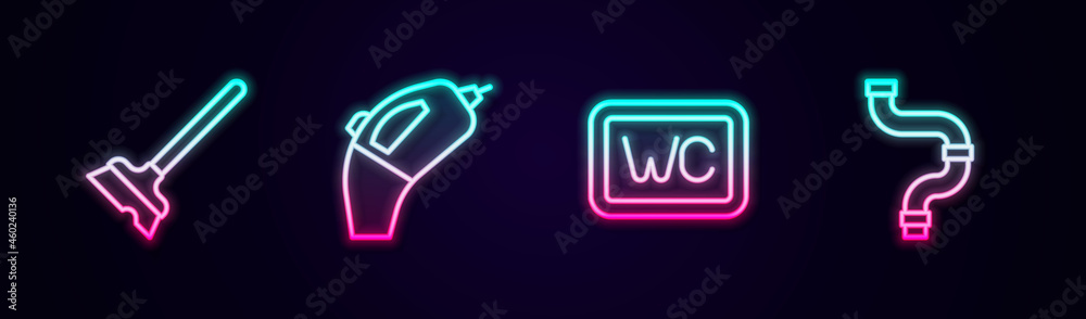 Set line Mop, Portable vacuum cleaner, Toilet and Industry metallic pipe. Glowing neon icon. Vector Set line Mop, Portable vacuum cleaner, Toilet and Industry metallic pipe. Glowing neon icon. Vector