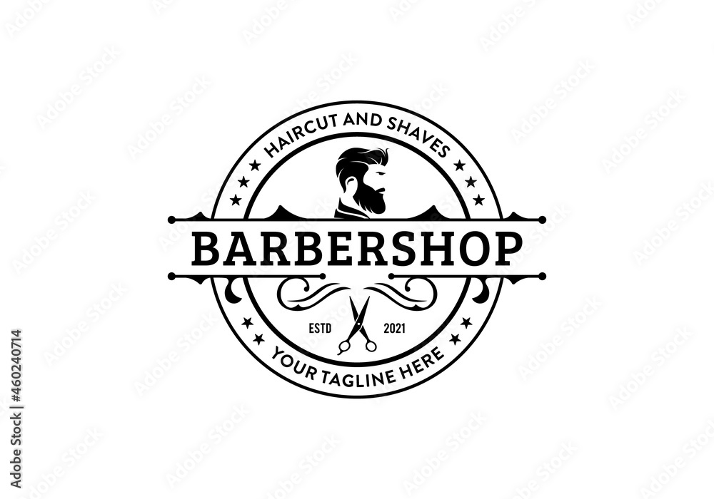 Fototapeta premium Vintage retro barbershop logo design template. Stamp label circular round design