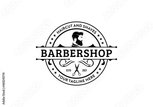 Vintage retro barbershop logo design template. Stamp label circular round design