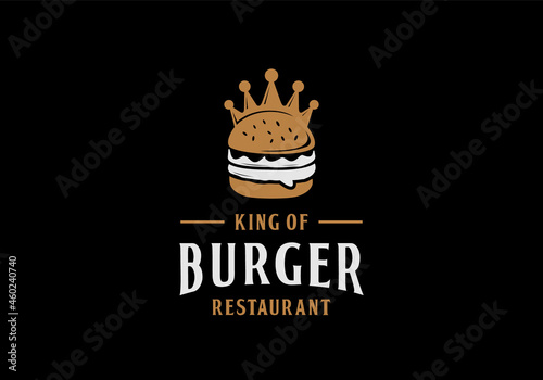 Burger with crown concept. King of burger restaurant logo illustration design template inspiration