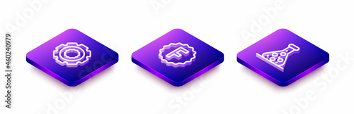 Set Isometric line Gear, Exam paper with incorrect answers and Test tube icon. Vector