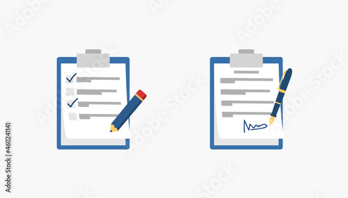 Clipboard with checklist and pencil, Contract with pen and signature flat colorful icons