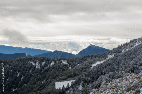Winters mountain range landscape and view, snow and cloudy sky © taidundua