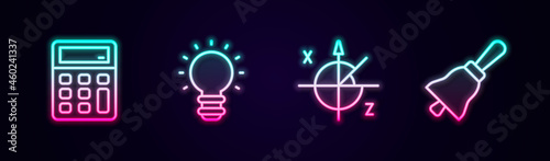 Set line Calculator, Creative lamp light idea, Trigonometric circle and Ringing bell. Glowing neon icon. Vector