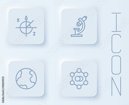 Set line Trigonometric circle, Microscope, Earth globe and Molecule. White square button. Vector