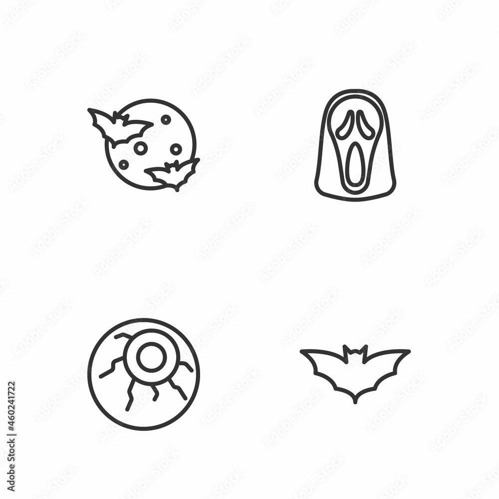Obraz premium Set line Flying bat, Eye, Moon and stars and Funny scary ghost mask icon. Vector