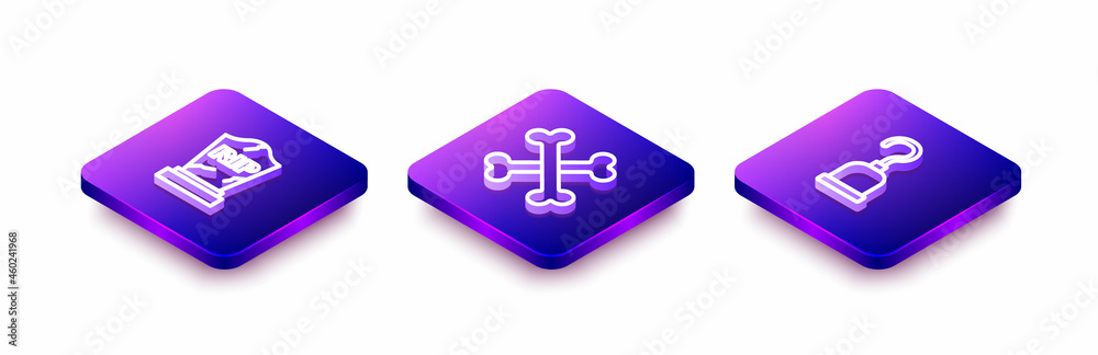 Set Isometric line Tombstone with RIP written, Crossed bones and Pirate hook icon. Vector