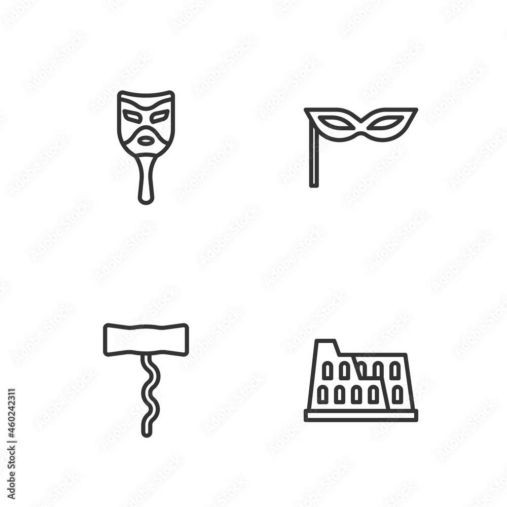 Set line Coliseum, Wine corkscrew, Carnival mask and icon. Vector Set line Coliseum, Wine corkscrew, Carnival mask and icon. Vector