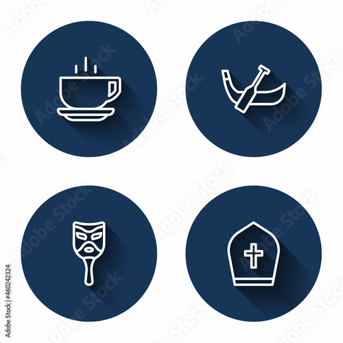 Set line Coffee cup, Gondola boat, Carnival mask and Pope hat with long shadow. Blue circle button. Vector