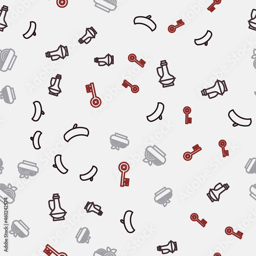 Set line French beret, Bottle of olive oil, Pasta spaghetti and Old key on seamless pattern. Vector