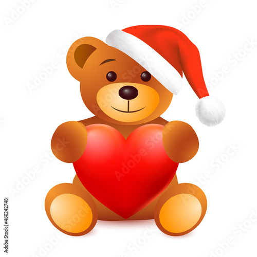 Winter cute baby brown teddy bear toy in sitting pose with red heart and in Santa Claus Christmas hat. Isolated vector illustration © Angela Ksen