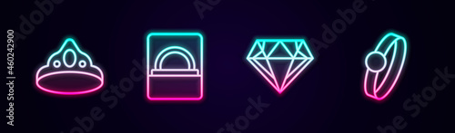 Set line King crown, Diamond engagement ring box, and . Glowing neon icon. Vector