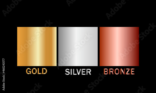 Set of metal gradients. Gold, silver and bronze gradietns for design. Vector gradietns isolated on a black background