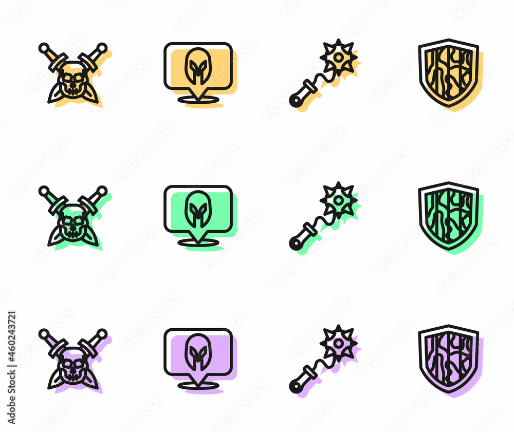 Set line Mace with spikes, Skull sword, Medieval helmet and Shield icon. Vector