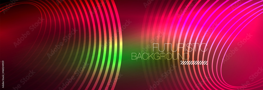 Dark abstract background with glowing neon circles. Trendy layout template for business or technology presentation, internet poster or web brochure cover, wallpaper