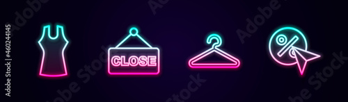 Set line Woman dress, Hanging sign with text Closed, Hanger wardrobe and Discount percent tag. Glowing neon icon. Vector