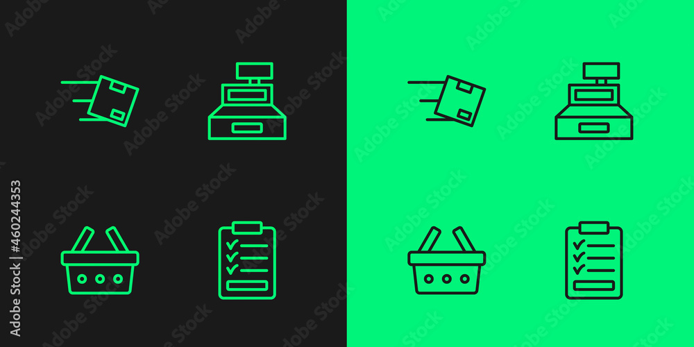Set line Clipboard with checklist, Shopping basket, Location cardboard box and Cash register machine icon. Vector Set line Clipboard with checklist, Shopping basket, Location cardboard box and Cash register machine icon. Vector