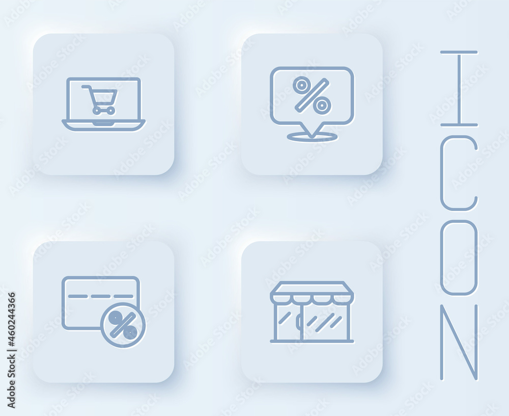 Set line Shopping cart on screen laptop, Discount percent tag, card with and Market store. White square button. Vector Set line Shopping cart on screen laptop, Discount percent tag, card with and Market store. White square button. Vector