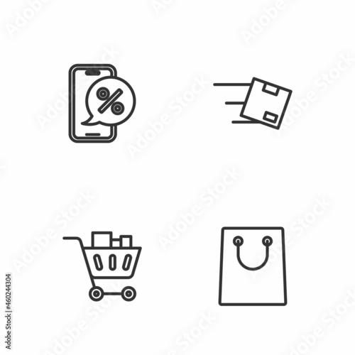 Set line Paper shopping bag, Shopping cart and food, Percent discount on phone and Location with cardboard box icon. Vector
