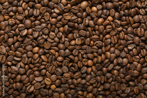 Texture of roasted coffee beans close-up