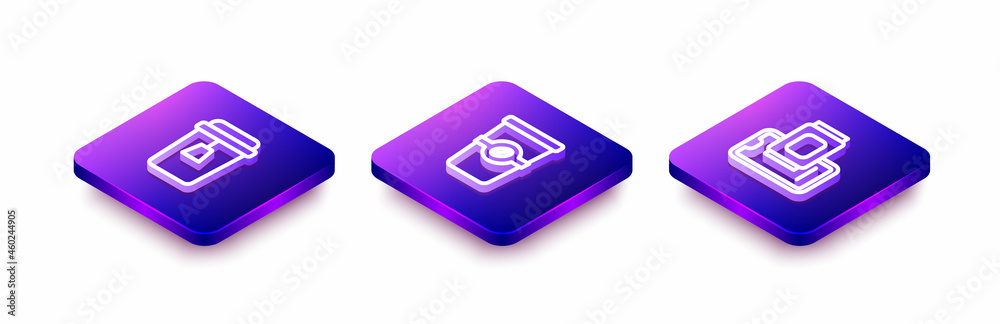 Set Isometric line Cup of tea, Coffee cup to go and Food ordering on mobile icon. Vector Set Isometric line Cup of tea, Coffee cup to go and Food ordering on mobile icon. Vector