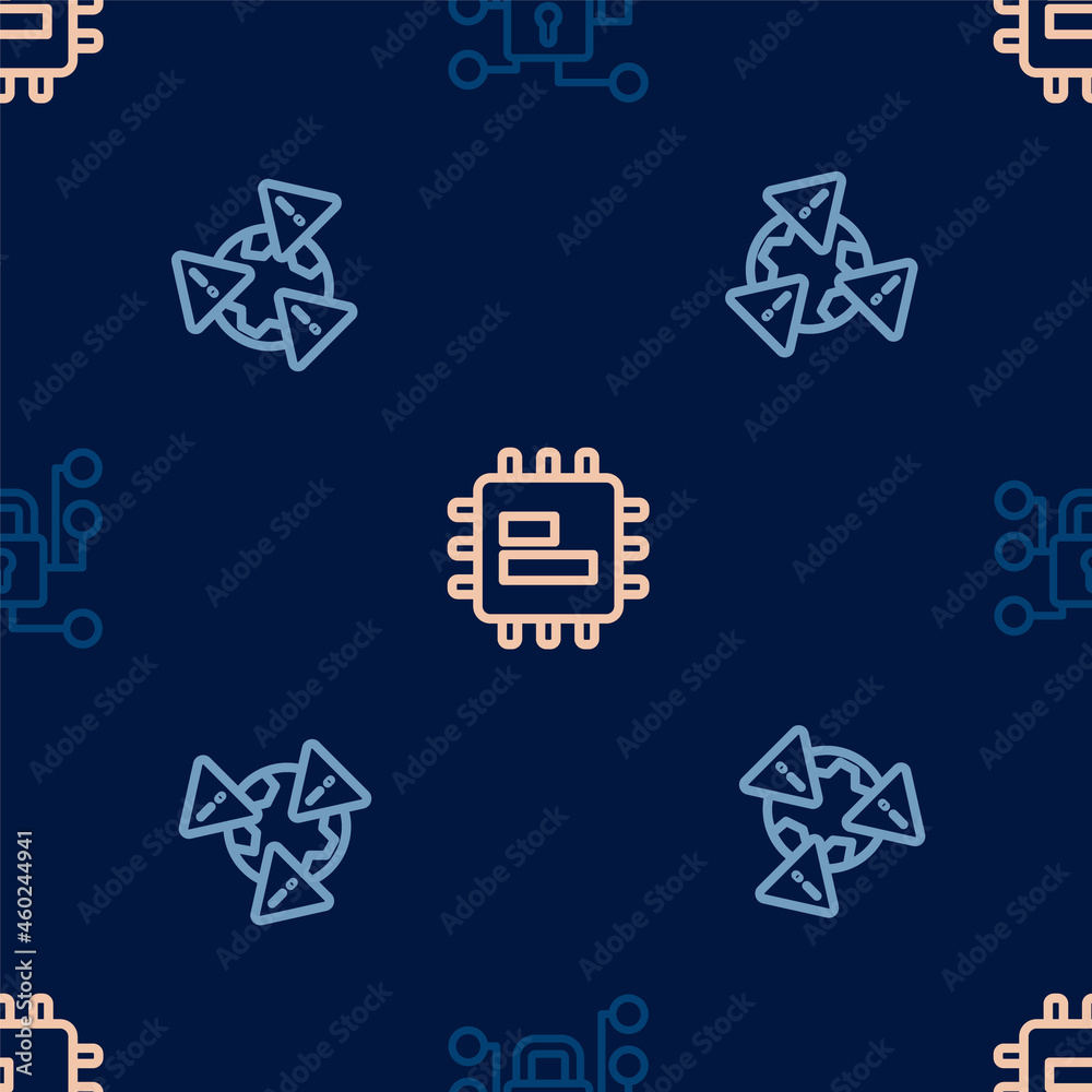 Set line Cyber security, Earth with exclamation mark and Processor CPU on seamless pattern. Vector Set line Cyber security, Earth with exclamation mark and Processor CPU on seamless pattern. Vector
