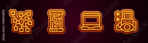 Set line Neural network, Cryogenic capsules, Laptop and Cyber security. Glowing neon icon. Vector