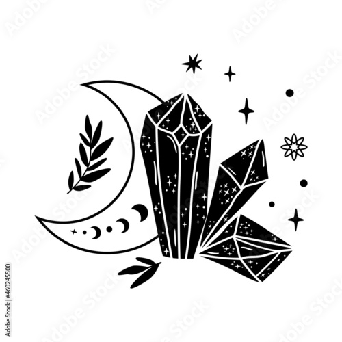 Spirituality moon phase crystal logo. Floral moon. Black graphic magical stone. Spiritual stone illustration. Vector moon mineral shape. Magical floral crystal. Alternative medicine crystal healing.