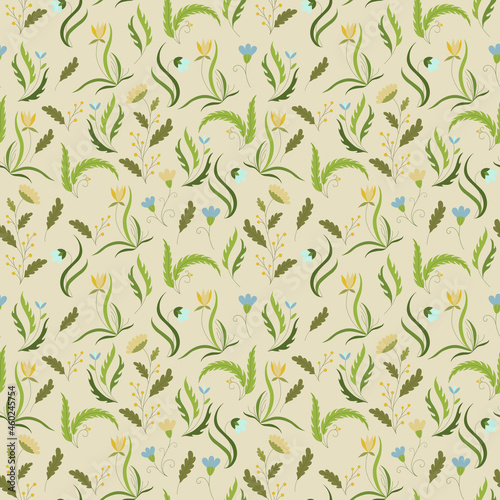 Vector botanical seamless pattern of isolated plants on a green background. Delicate flowering field herb. Russian medicinal flowers. Design of bouquets for fabric. Stock illustration for the textile.