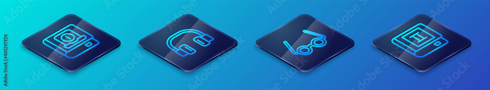 Set Isometric line Glasses, User manual, Book and Headphones icon. Vector Set Isometric line Glasses, User manual, Book and Headphones icon. Vector