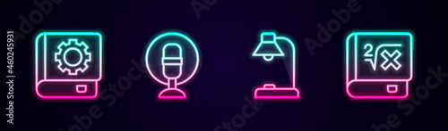 Set line User manual, Microphone, Table lamp and Book with mathematics. Glowing neon icon. Vector