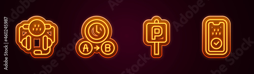 Set line Taxi call telephone service, waiting time, Parking and mobile app. Glowing neon icon. Vector