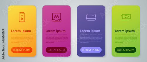 Set line Credit card, Stacks paper money cash, Infographic of city map and Taxi mobile app. Business infographic template. Vector